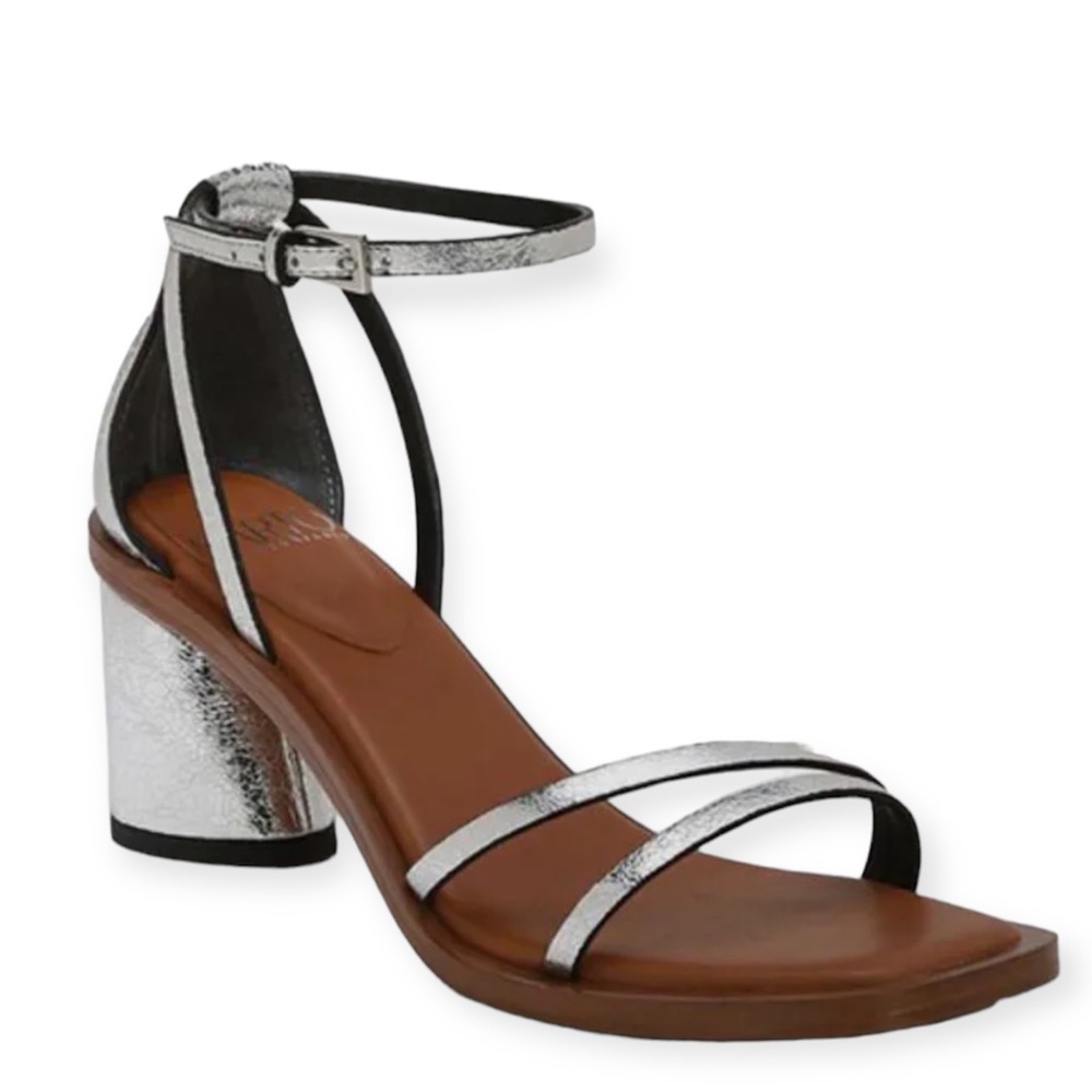 Franco Sarto Ronelle Leather Silver Rounded Block Heels Sandals 9.5